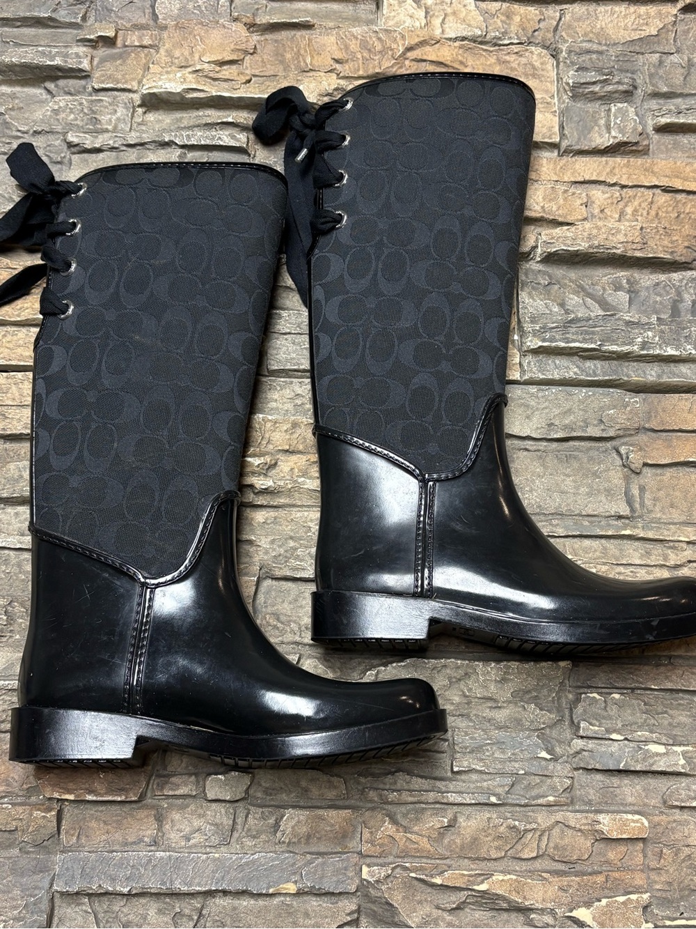 Coach Tristee Lace-Up Back Corset Signature Rain Riding Boots Black Size 9